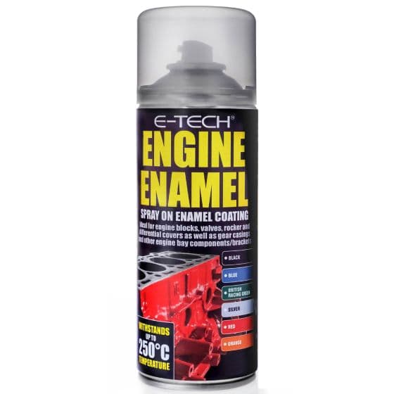 Silver spray can of E-Tech Engineering Engine Enamel Paint, 400ml, featuring a black label with bold text, suitable for high-temperature engine components.