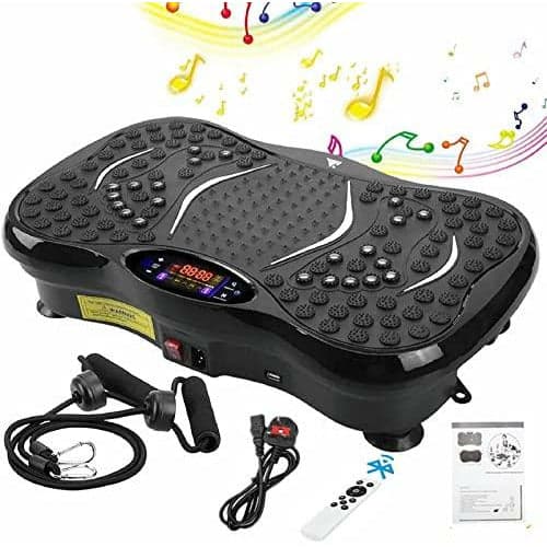 Black vibration power plate with textured surface, digital display, Bluetooth speaker, two resistance bands, and five program modes, designed for fitness training up to 330lb.