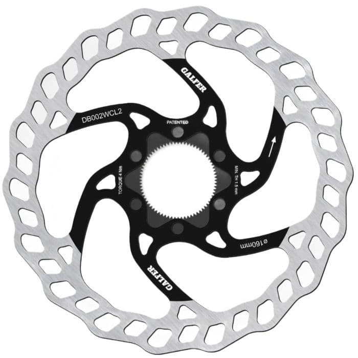 Galfer Wave Centrelock Disc Rotor features a stainless steel construction with a wave design, measuring 160mm in diameter and 2.0mm thick, with a black center and cutouts for weight reduction.