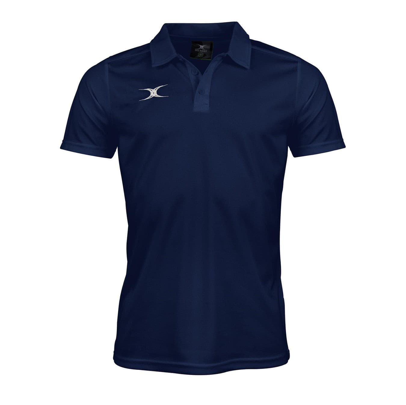 Navy blue short-sleeve polo shirt made from moisture-wicking material, featuring a classic collar and a silver Gilbert Rugby logo on the left chest.