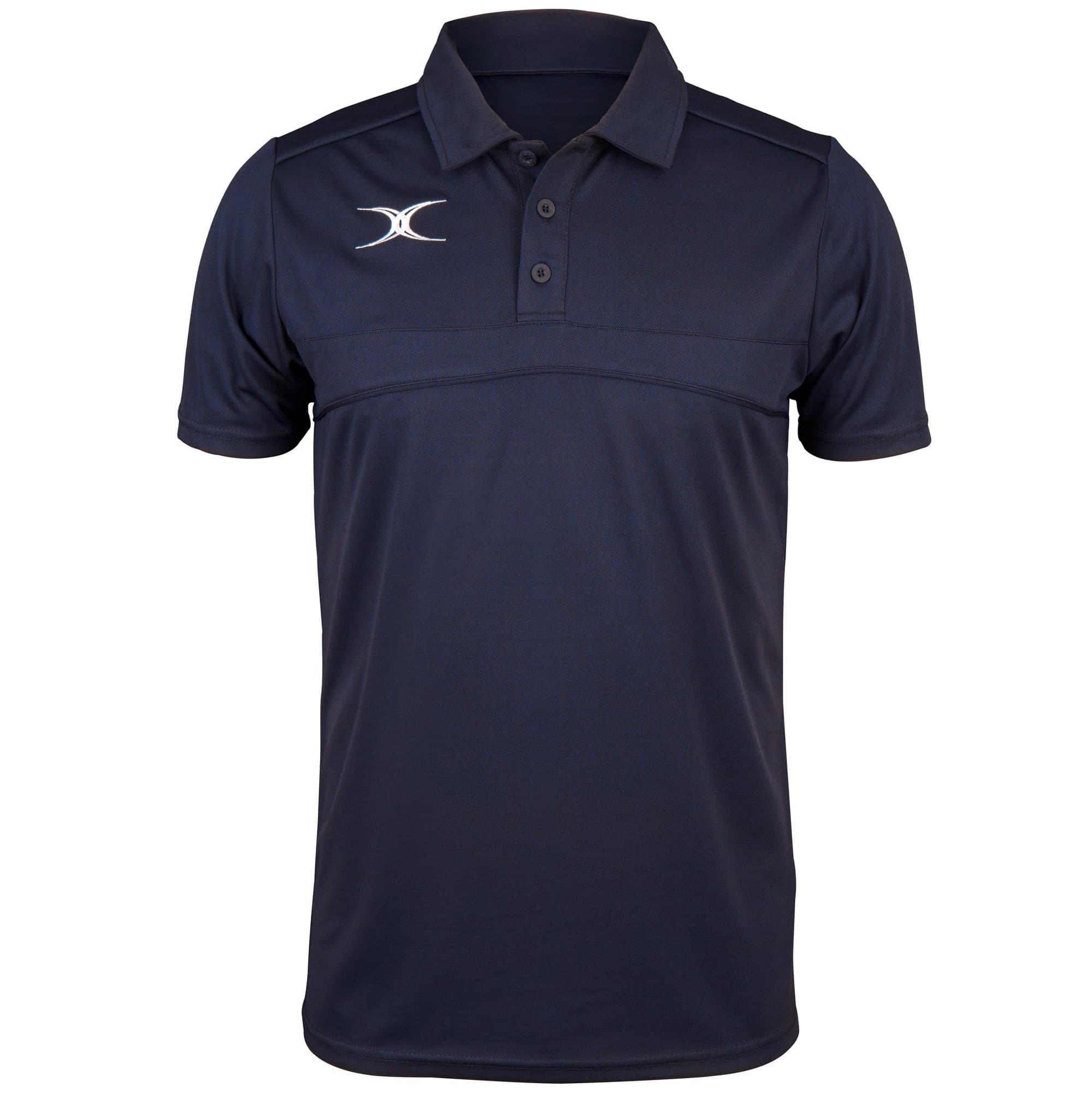 Black men's polo shirt by Gilbert Rugby, featuring a classic collar, three-button placket, and a subtle logo on the chest, made from breathable fabric for comfort.