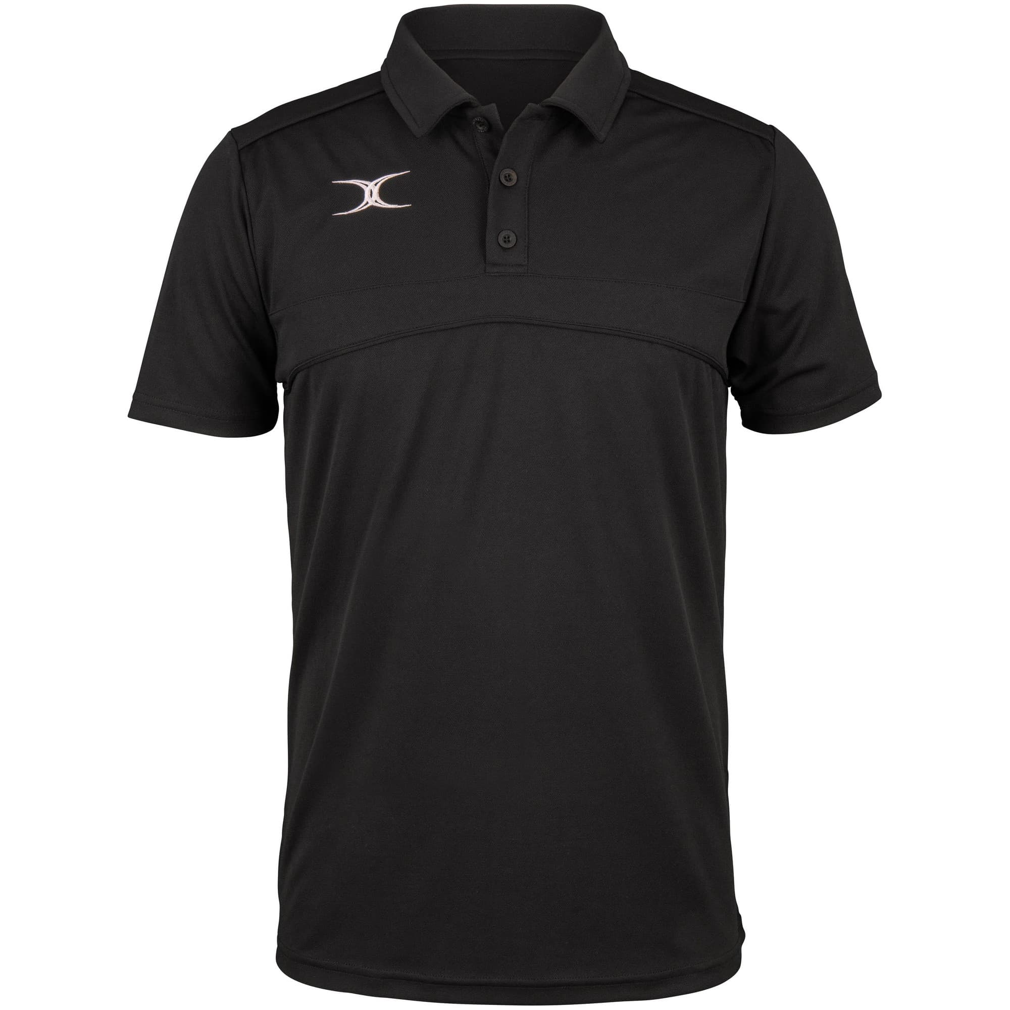 Black polo shirt made from lightweight material, featuring a three-button placket, short sleeves, and a subtle logo on the chest.