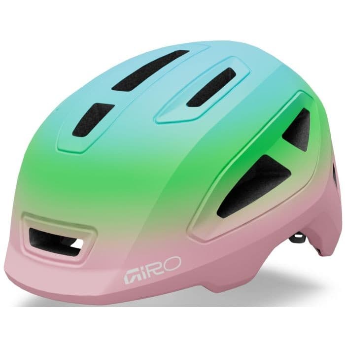 Giro Scamp II helmet in pink and green gradient, size S (49-53cm), featuring ventilation slots and a lightweight design for safety and comfort.