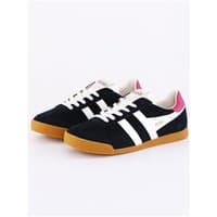 Black and white Gola women's trainers with fuchsia heel detail and gum sole.