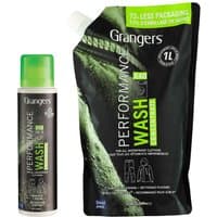Grangers Performance Wash bottle and refill pouch, black with green accents, for cleaning outdoor gear.