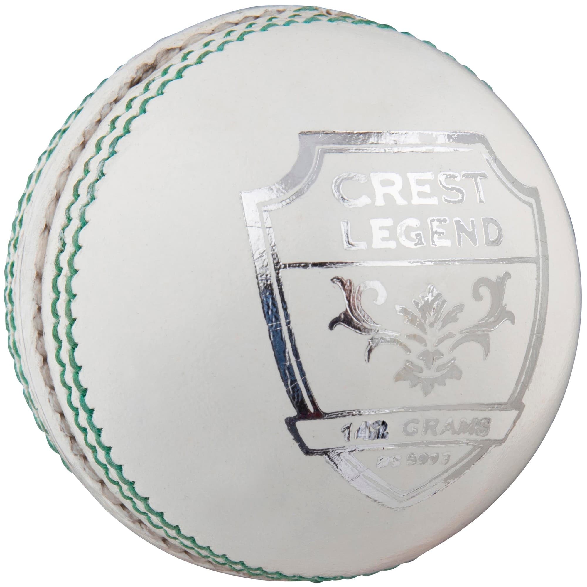 White cricket ball with a shiny silver "Crest Legend" logo, green stitching, and a smooth leather surface, weighing 112 grams.