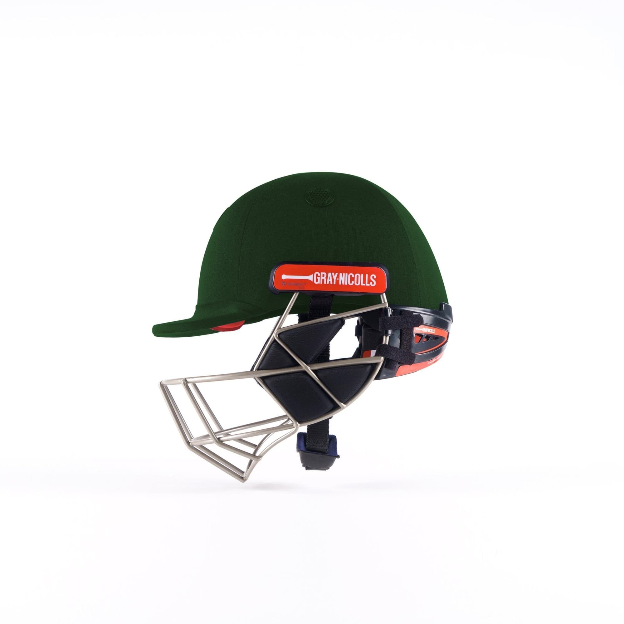 Gray-Nicolls Evo Pro Cricket Helmet in dark green with a metallic silver grille, featuring an adjustable chin strap and a prominent red and white logo label.