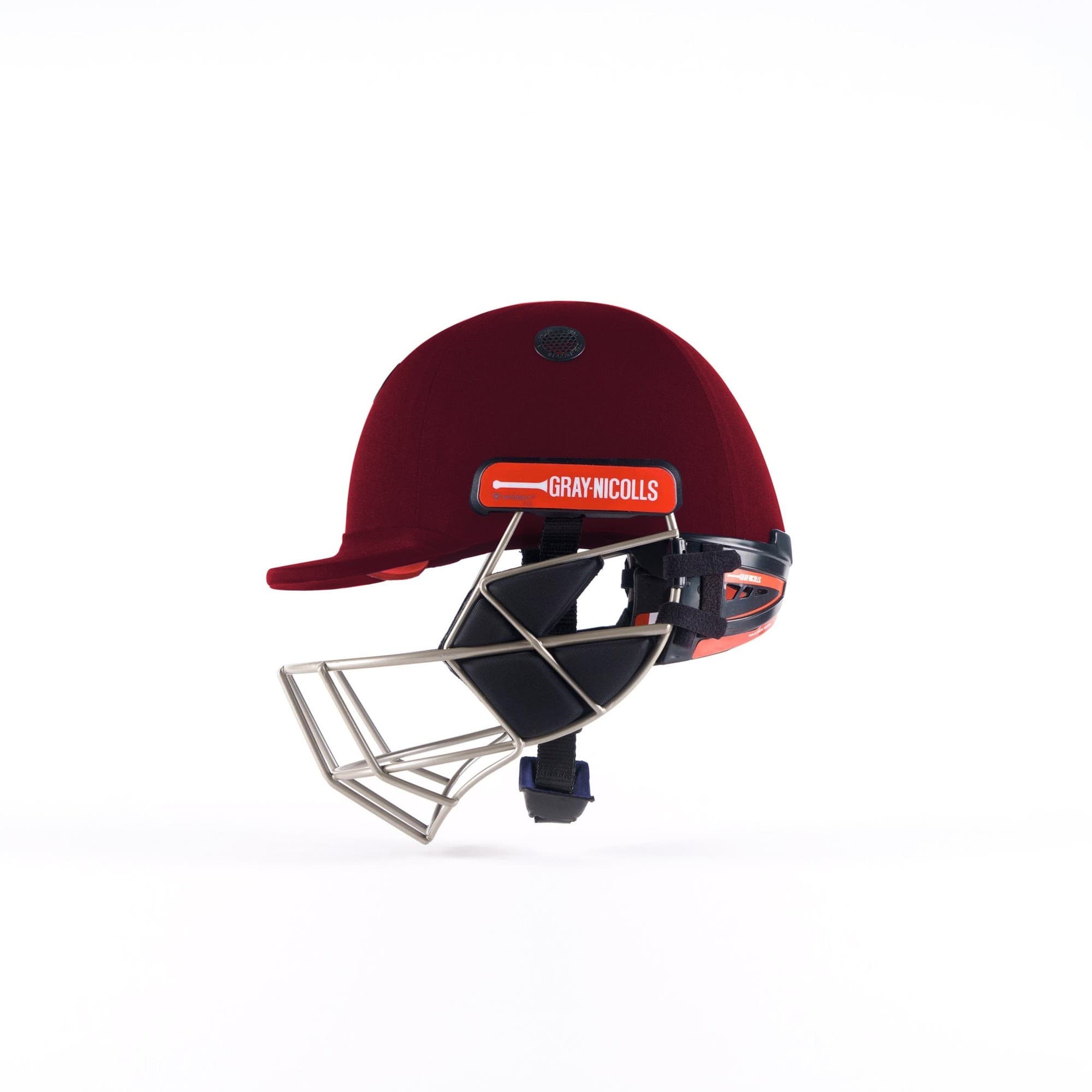Gray-Nicolls Evo Pro Cricket Helmet in deep red with a metallic silver grille, featuring an adjustable chin strap and a prominent orange logo on the front.