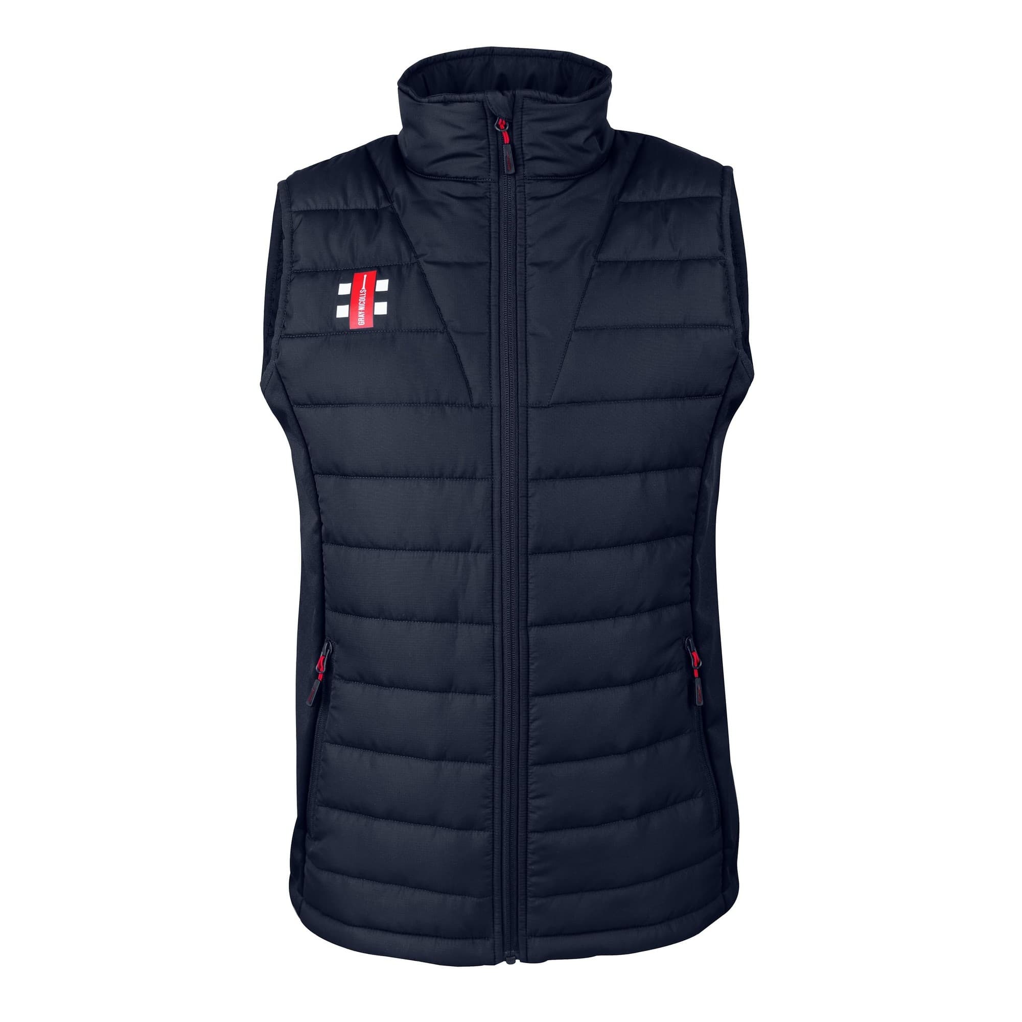 Black padded bodywarmer by Gray-Nicolls featuring a high collar, zip front, and red accents, designed for performance and comfort.