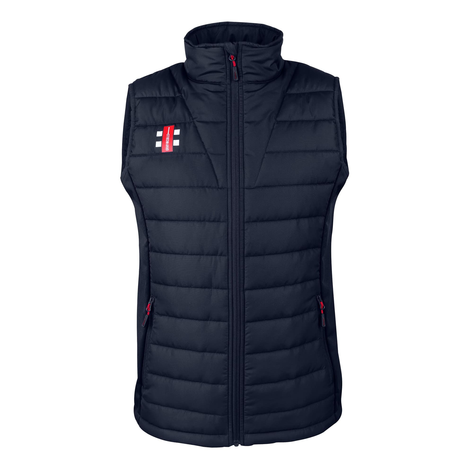 Black Gray-Nicolls Pro Performance bodywarmer features a quilted design, high collar, zip front, and two side pockets with red zipper accents.