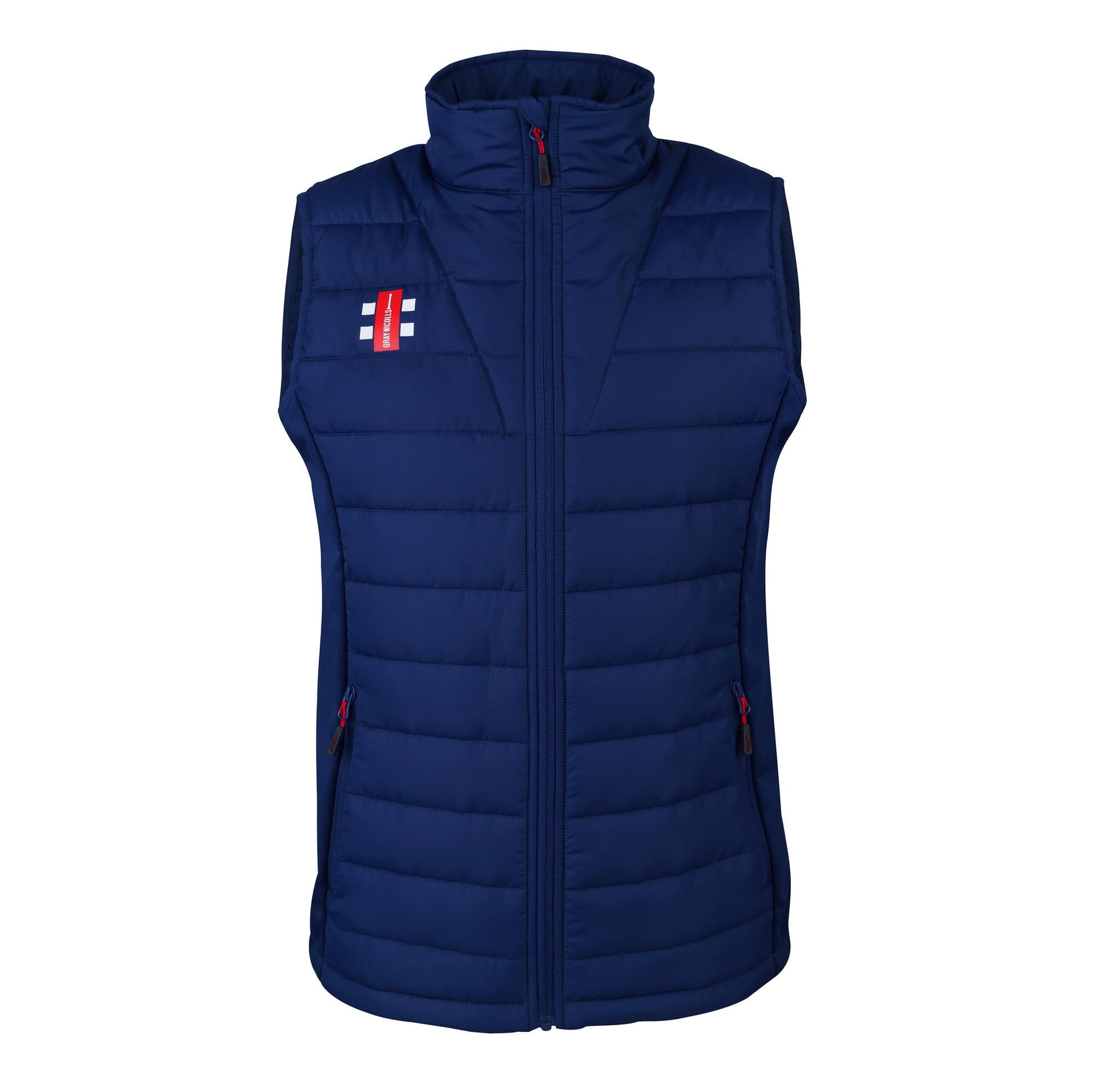 Black Gray-Nicolls Pro Performance bodywarmer featuring a quilted design, high collar, and zippered front, ideal for outdoor activities.