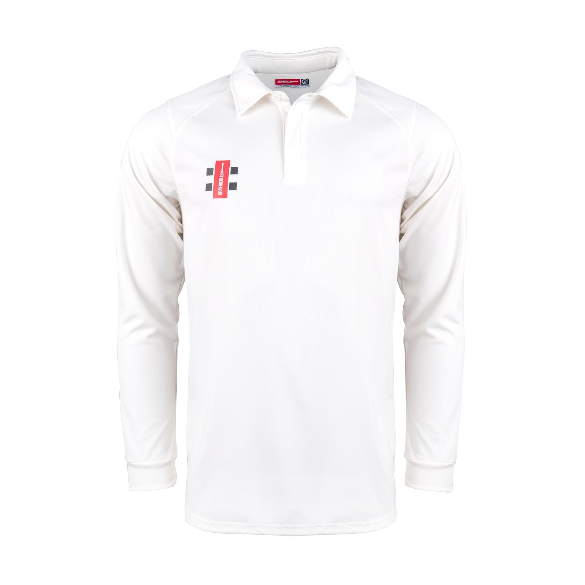 Long sleeve adult shirt in white with a classic collar, featuring a red and black logo on the left chest, made from moisture-wicking material for performance.