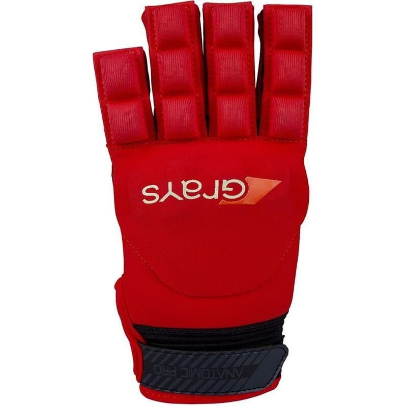 White hockey glove with padded fingers, featuring the Grays logo in red, made from durable material, designed for anatomic fit and protection during play.