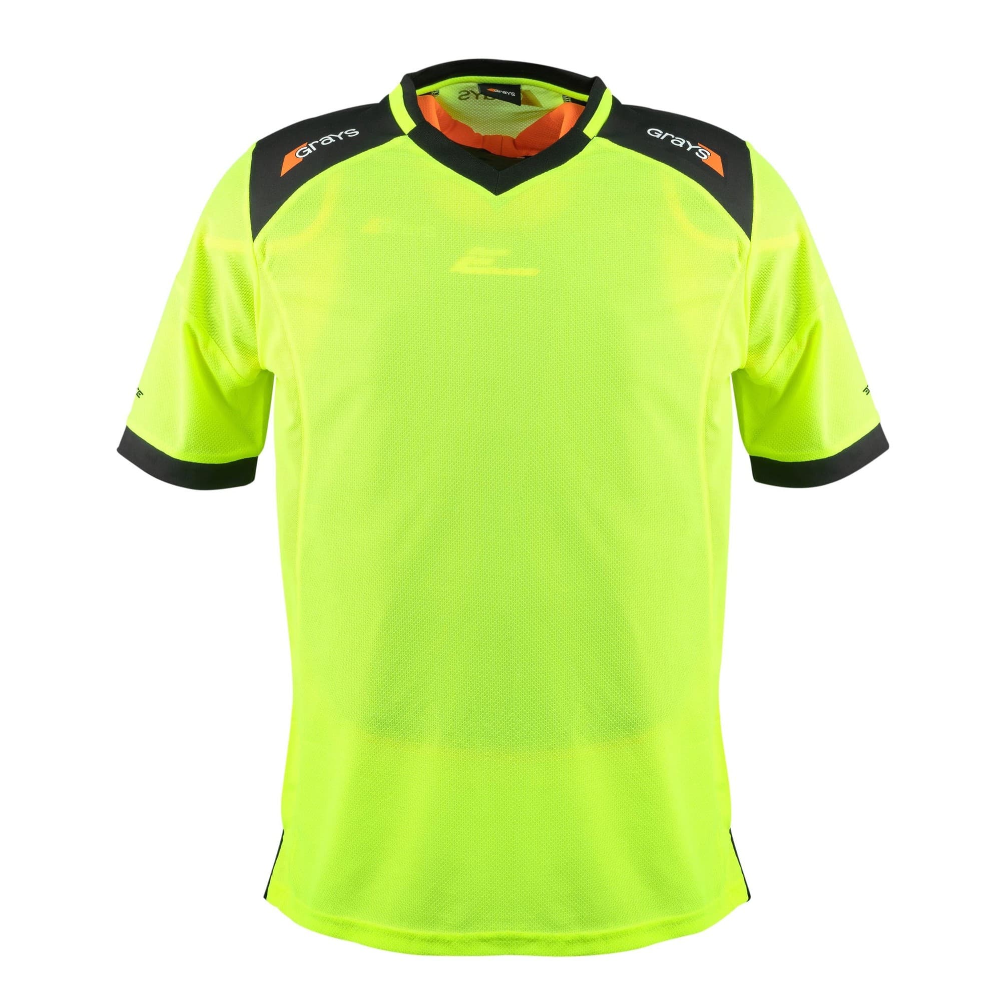 Fluo yellow Grays Elite Pro GK smock featuring a breathable mesh material, black shoulder accents, and an orange collar, designed for goalkeepers in hockey.