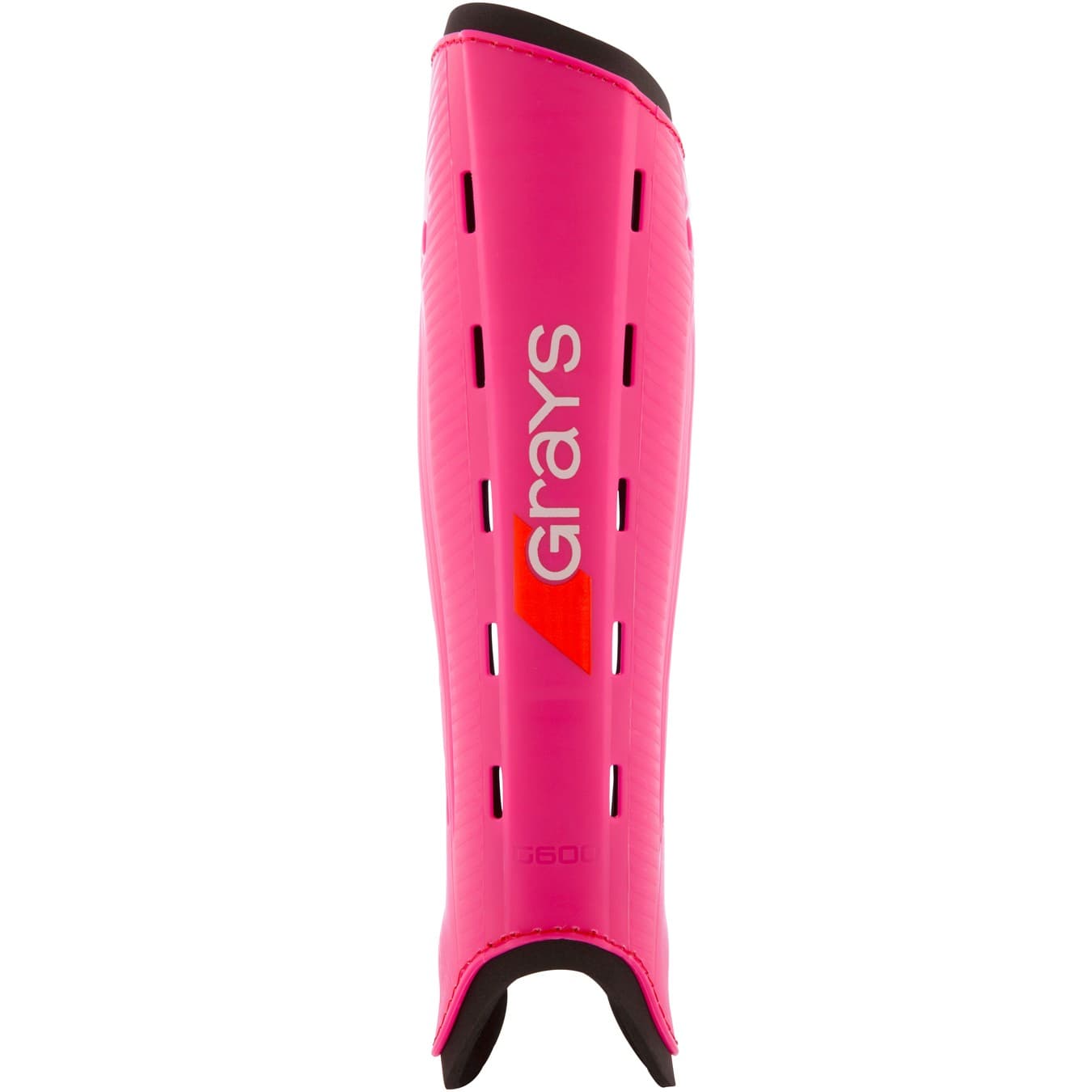 White Grays G600 shinguards featuring a sleek design, made from durable material with ventilation holes, and a prominent red Grays logo on the front.