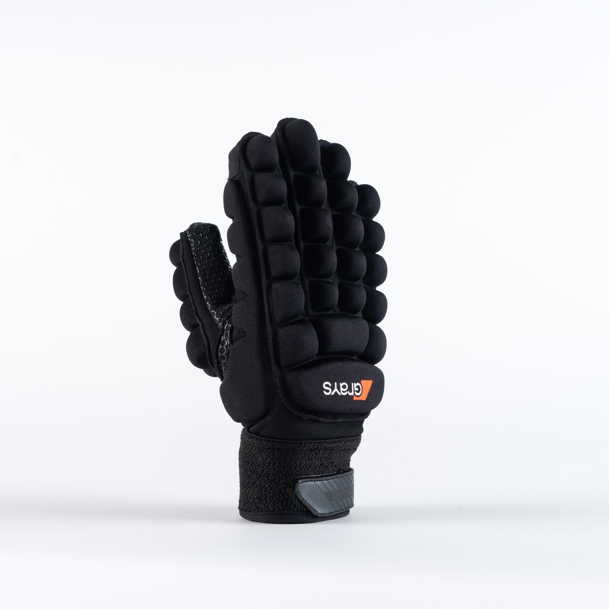 White Grays International Pro Gloves featuring padded protection, a textured palm for grip, and adjustable wrist strap for a secure fit, designed for hockey players.