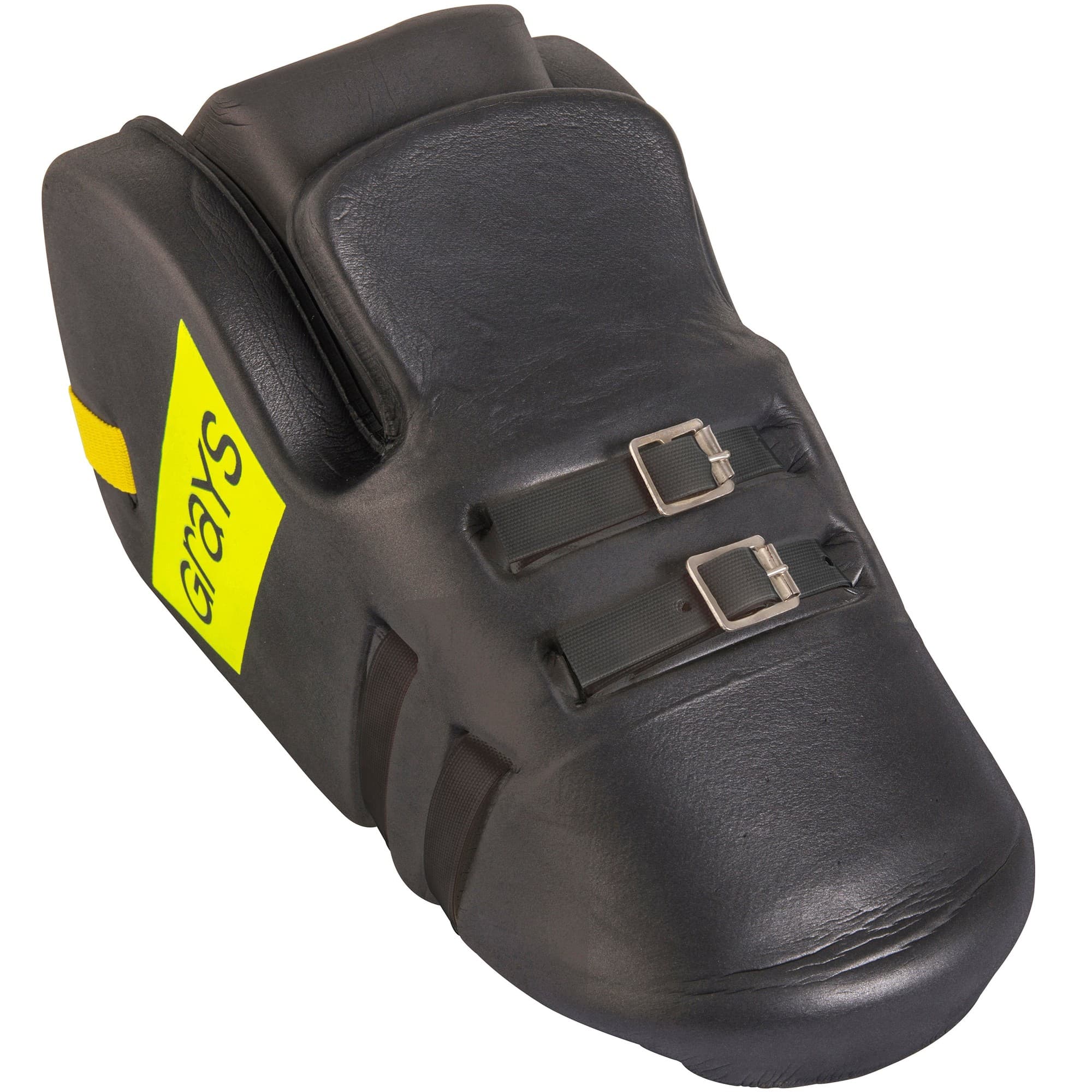 Black Grays Nitro Kickers with a sleek design, featuring a textured surface, adjustable straps, and a bright yellow logo for enhanced visibility on the field.