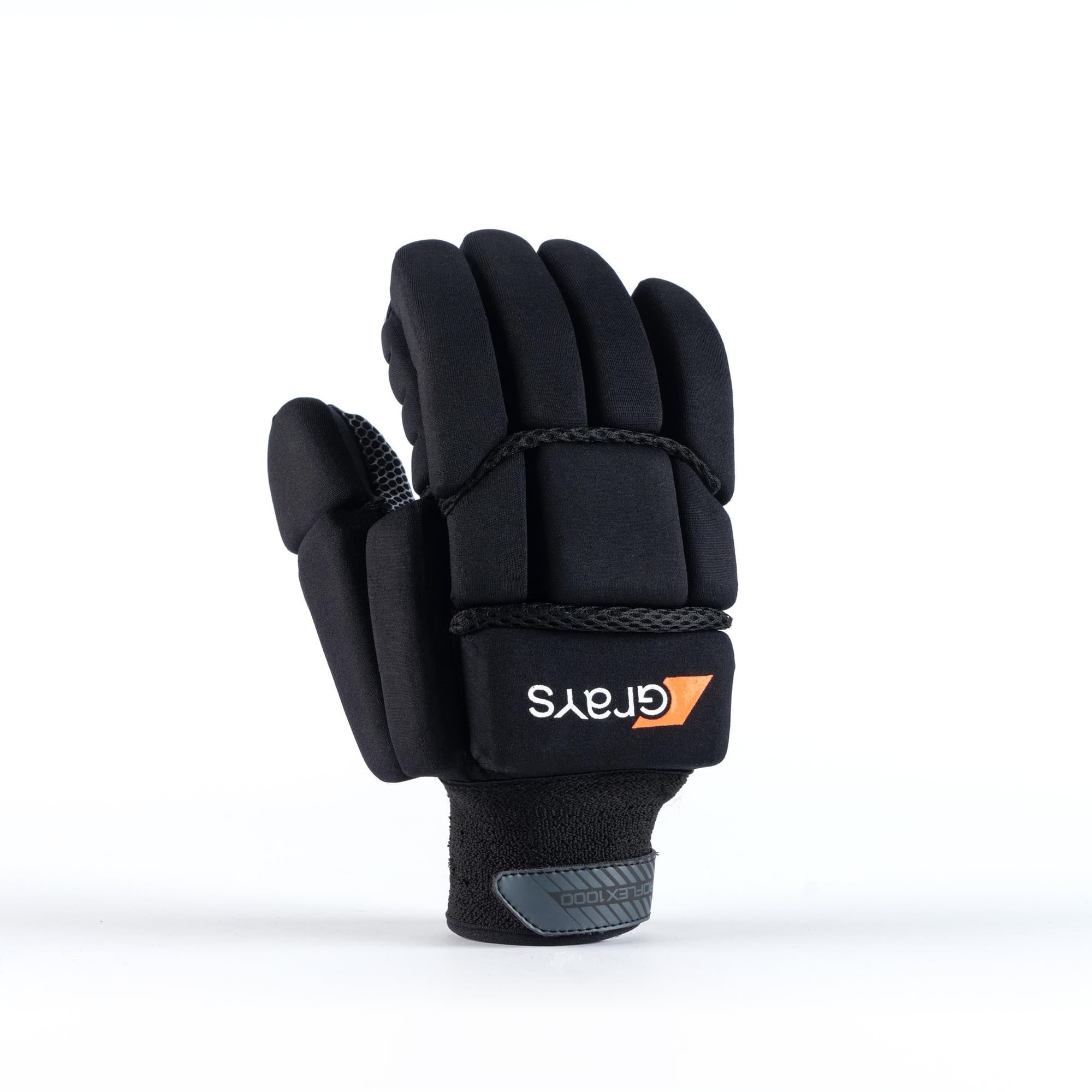 Black Grays Proflex 1000 gloves featuring a padded design, textured grip, and elastic wrist strap for enhanced comfort and protection in hockey.