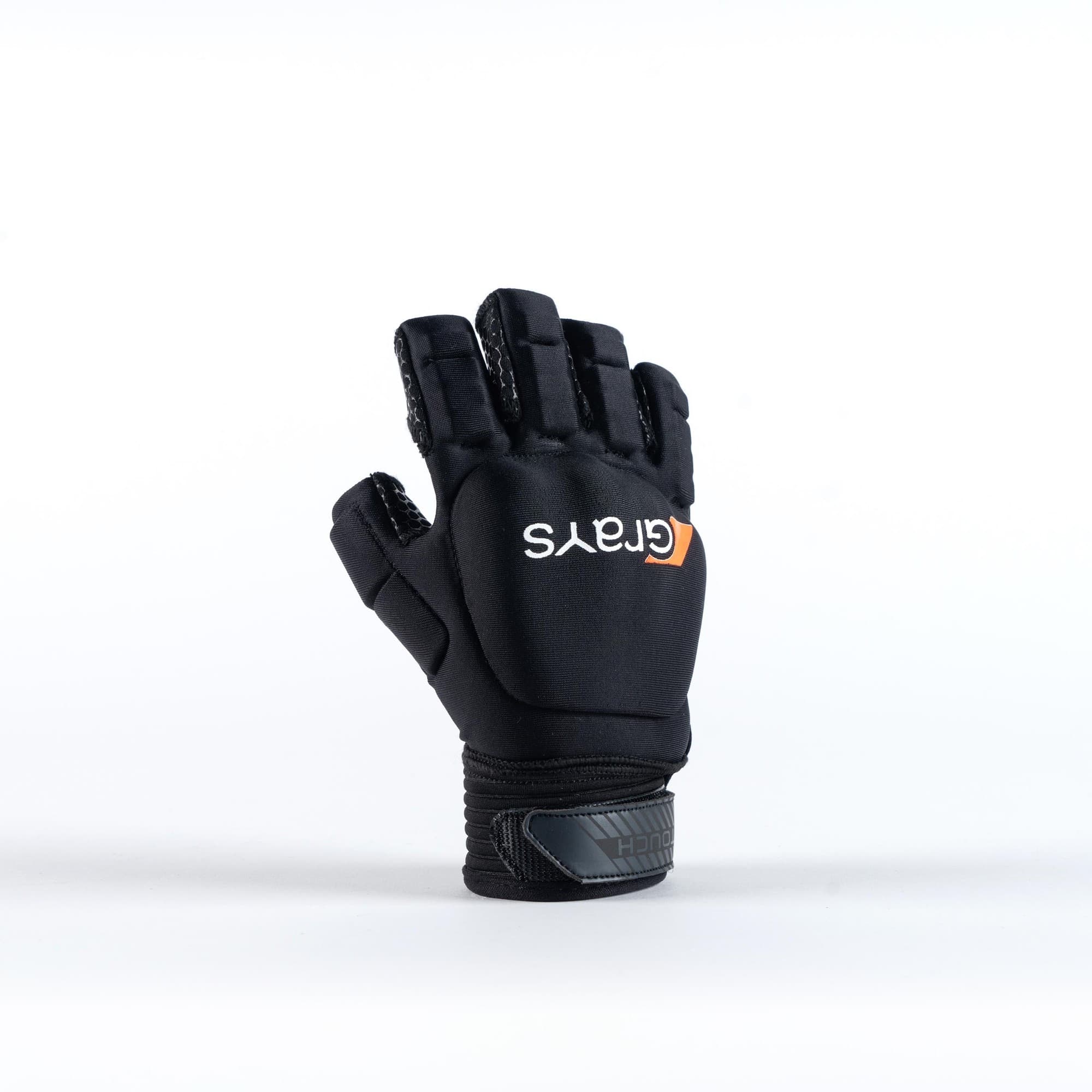 Black Grays Touch Glove featuring a snug fit, padded palm, and textured grip, with the Grays logo prominently displayed in white and orange.