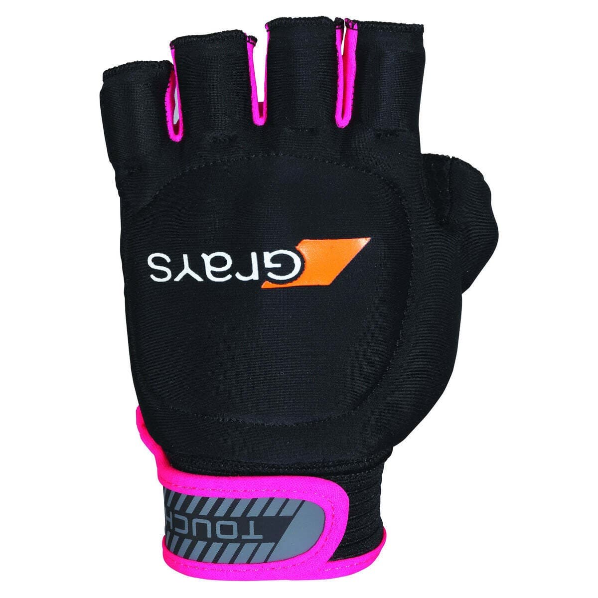 Black fingerless glove with pink accents, featuring a padded palm, adjustable wrist strap, and Grays logo prominently displayed on the back.