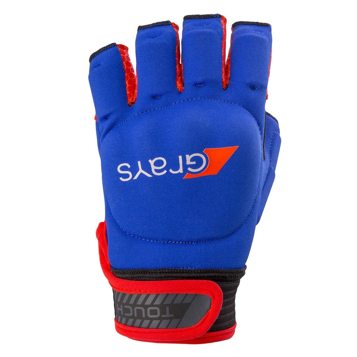 Black hockey glove with a padded palm, red accents, and a snug fit, featuring the "Grays" logo prominently on the back.