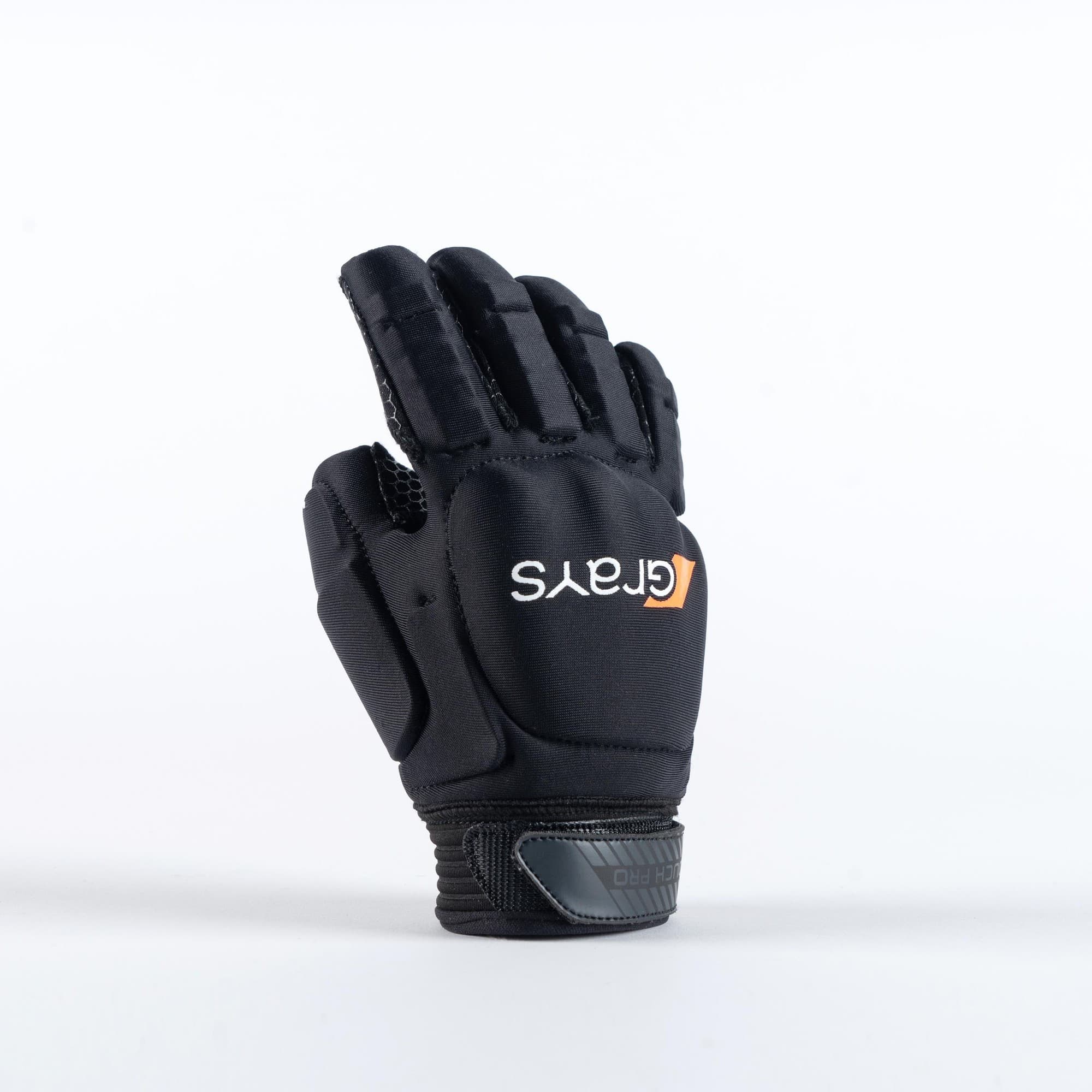 Black Grays Touch Pro Glove featuring padded fingers, a textured palm for grip, and an adjustable wrist strap, designed for hockey players.