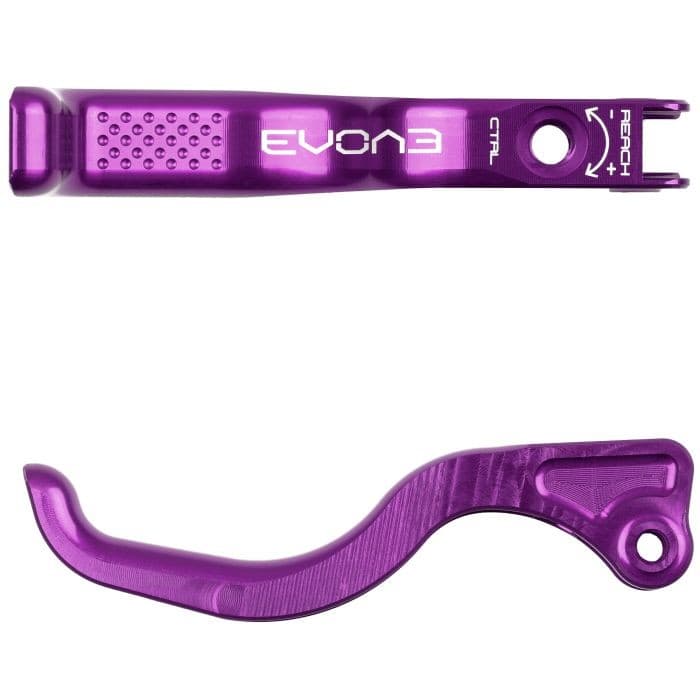 Purple aluminum Hope EVO Control Lever Blade featuring a textured grip area, adjustable reach, and sleek design for enhanced bike control.