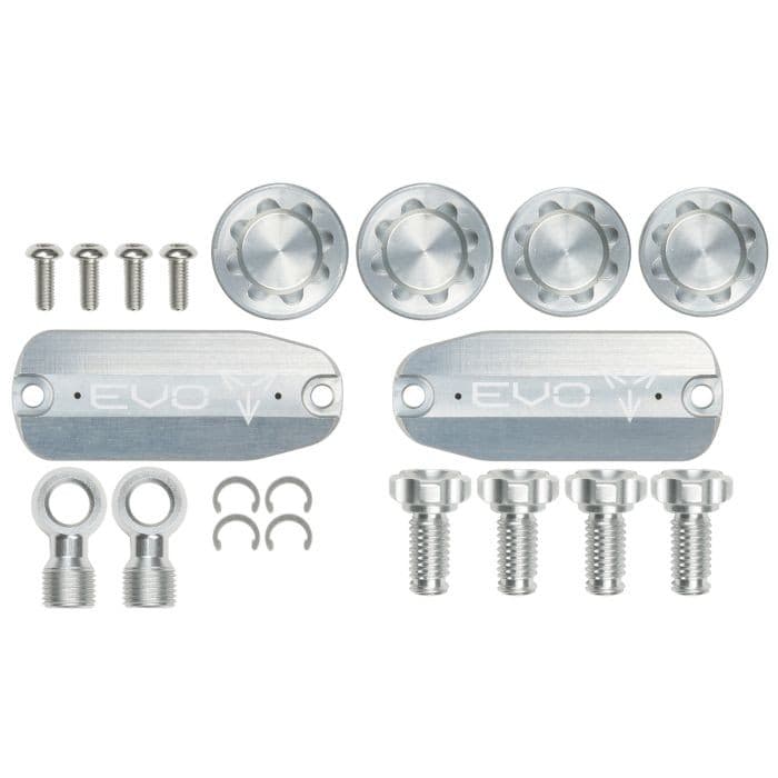 Silver Hope EVO GR4 Custom Kit featuring polished aluminum components, including four round caps, two flat plates, various screws, and hardware for assembly.