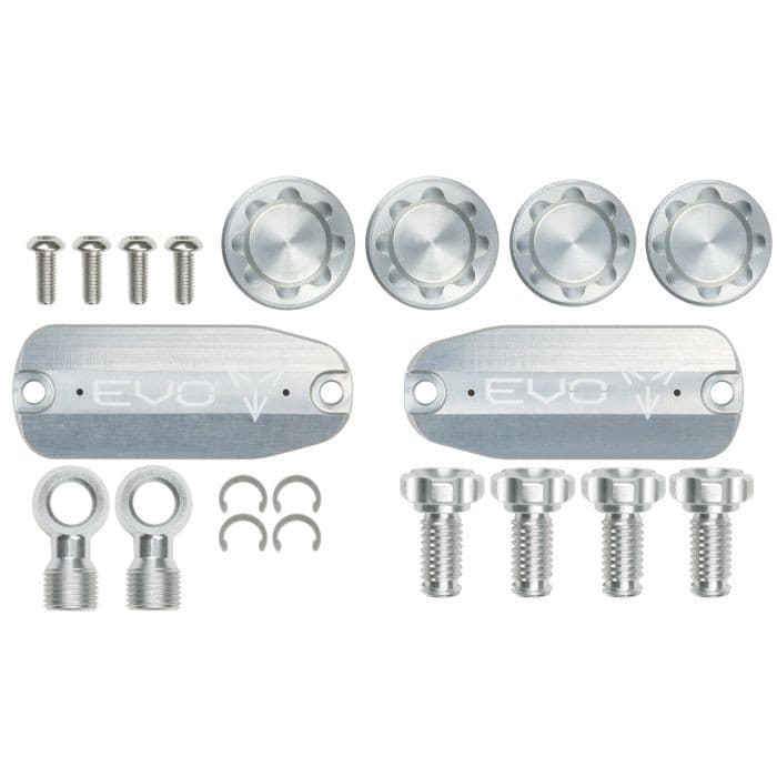 Silver aluminum Hope EVO TR4 Custom Kit featuring four circular caps, two elongated plates, and various screws and washers for assembly.