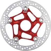 Silver and red Hope RX Centre Lock Disc Rotor with perforated outer ring and intricate central design.