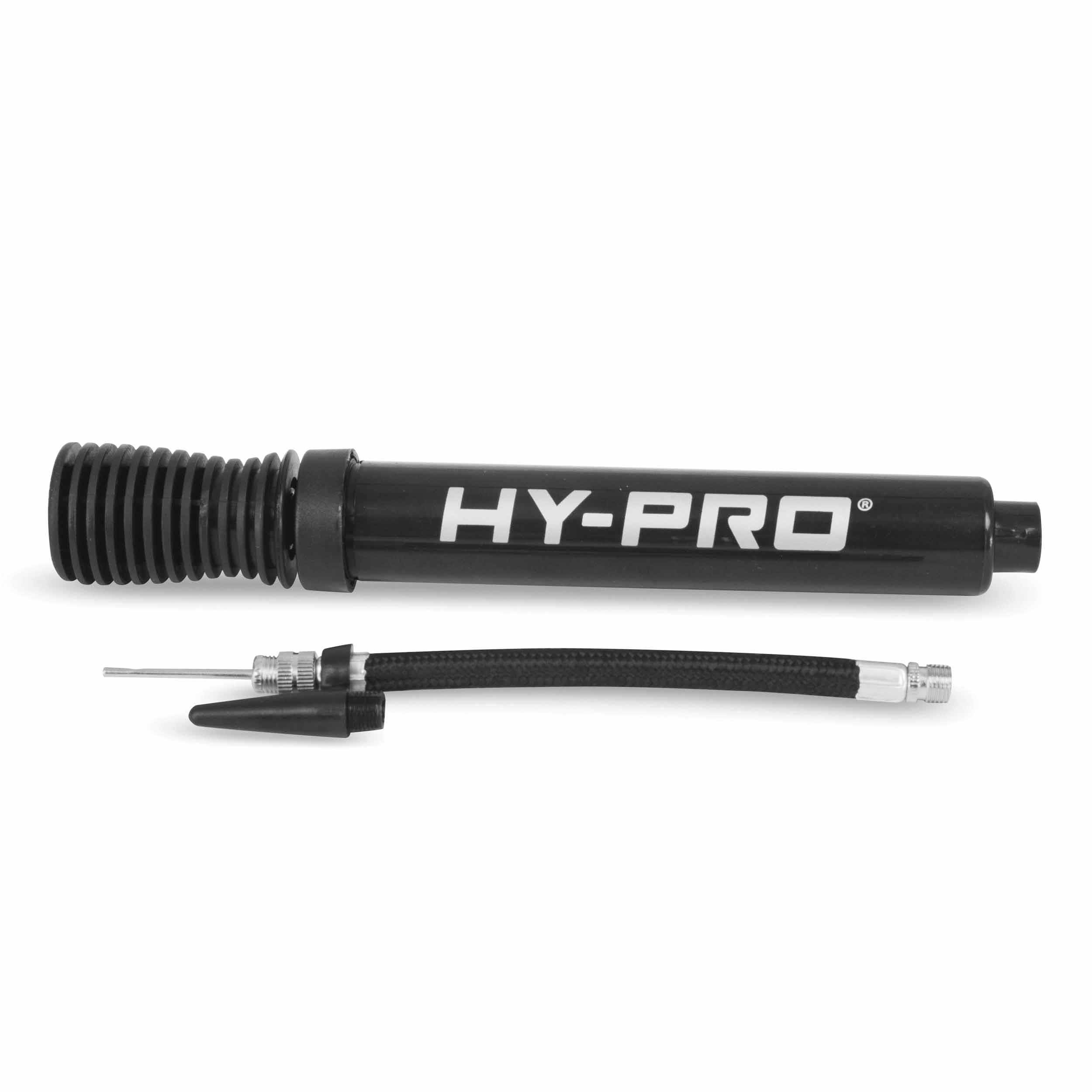 Black dual action pump with "HY-PRO" logo, featuring a textured grip and a flexible hose attachment for versatile use.