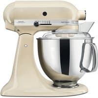 Almond cream KitchenAid stand mixer with stainless steel bowl and tilt-head design, featuring speed control dial.