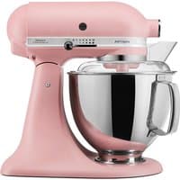 Pink KitchenAid stand mixer with stainless steel bowl and tilt-head design.