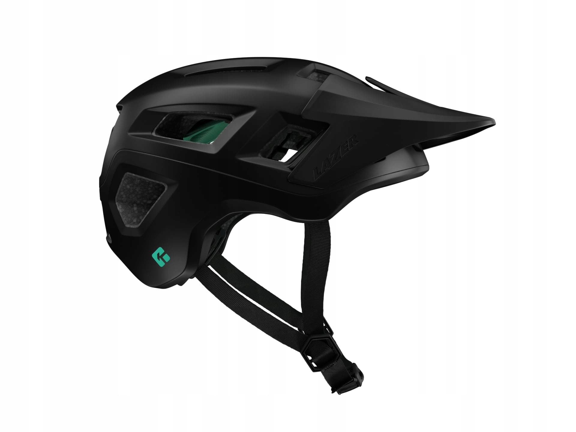 Matte black Lazer Coyote KinetiCore helmet in medium size featuring ventilation ports, adjustable visor, and a secure chin strap for enhanced safety and comfort.