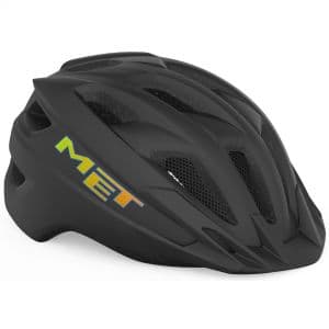 Black matte kids' helmet with ventilation slots, featuring a colorful "MET" logo on the side, designed for safety and comfort in cycling.