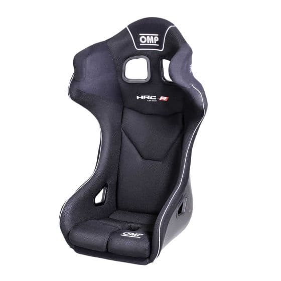 Black carbon racing seat with a medium size, featuring a high-back design, side bolsters, and OMP branding, emphasizing lightweight and ergonomic support.