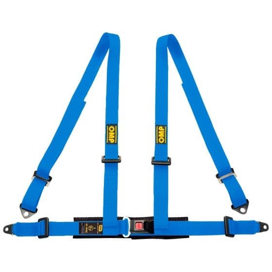 Blue OMP Road 4 harness featuring durable straps, adjustable buckles, and a central buckle mechanism, designed for secure fitting in motorsport applications.