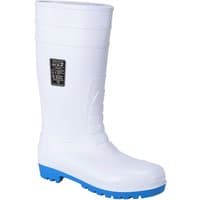 White Portwest safety Wellington boots with blue soles and reinforced toe, featuring a black label on the side.
