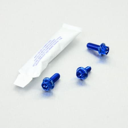 Pro-Bolt Aluminium Front Brake Line Clip Mount Bolt Kit in vibrant blue, featuring three blue anodized bolts and a small tube of thread lock adhesive.