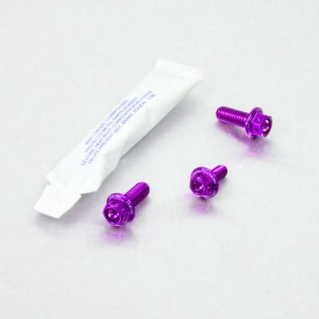 Purple aluminium front brake line clip mount bolt kit by Pro-Bolt, featuring three purple bolts and a small packet, all set against a light background.