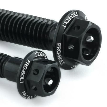 Black aluminum rear brake line clip mount bolt kit featuring a hexagonal head and engraved "PRO-BOLT" branding, designed for durability and performance.