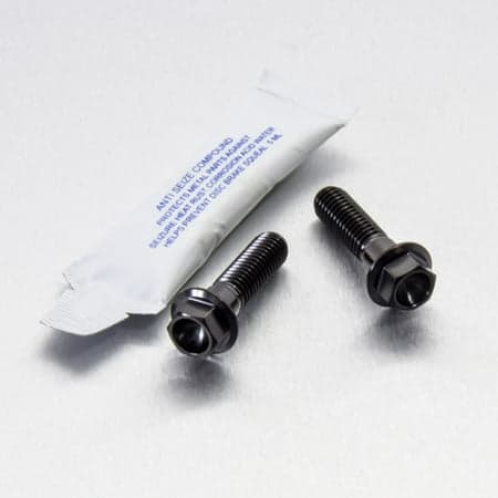 Pro-Bolt Titanium rear brake caliper mounting bolt kit featuring two black titanium bolts with hex heads and a packet of anti-seize compound.