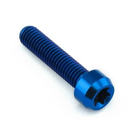 Blue titanium rear brake lever pivot bolt with a hexagonal socket head and finely threaded shaft, designed for durability and lightweight performance.