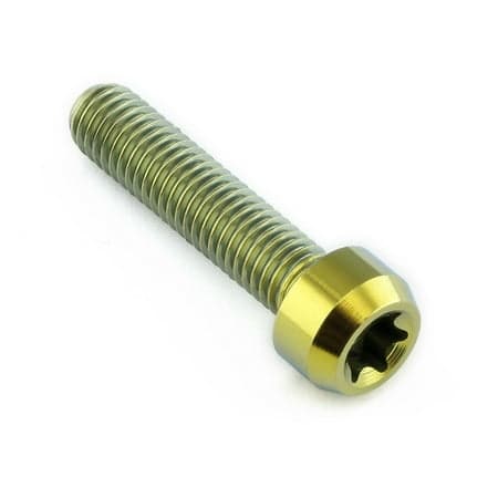Gold titanium rear brake lever pivot bolt with a hexagonal socket head and threaded shaft, designed for durability and lightweight performance.