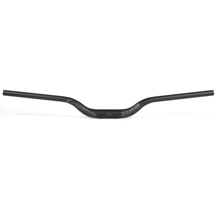 Black aluminum Renthal FatBar 35 V3 handlebar, 50mm rise and 820mm width, featuring a sleek design with engraved branding for enhanced grip and control.