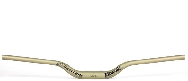 Gold Renthal FatBar 35 V3 handlebar, 50mm rise and 820mm width, featuring a sleek aluminum design with branding on the sides.