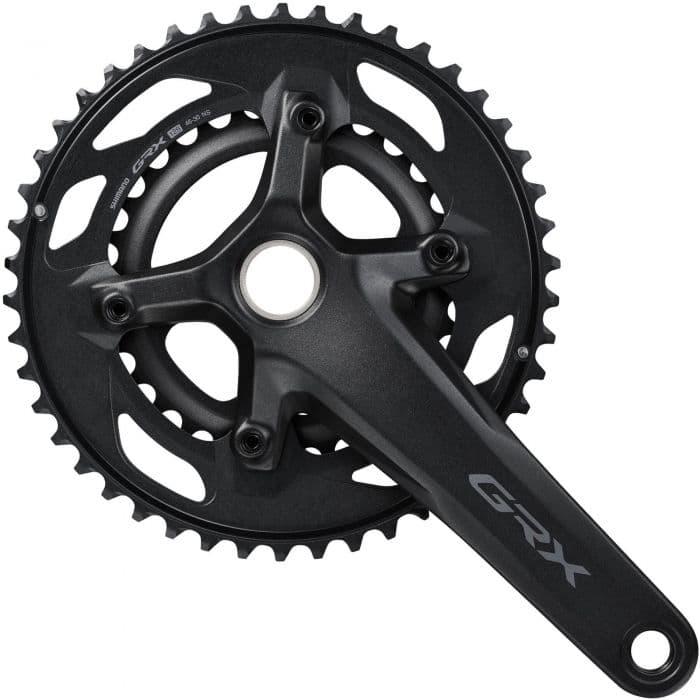 Shimano FC-RX610 GRX double chainset in matte black, featuring a 172.5mm crank arm length, five arms, and a sleek design optimized for 12-speed drivetrains.