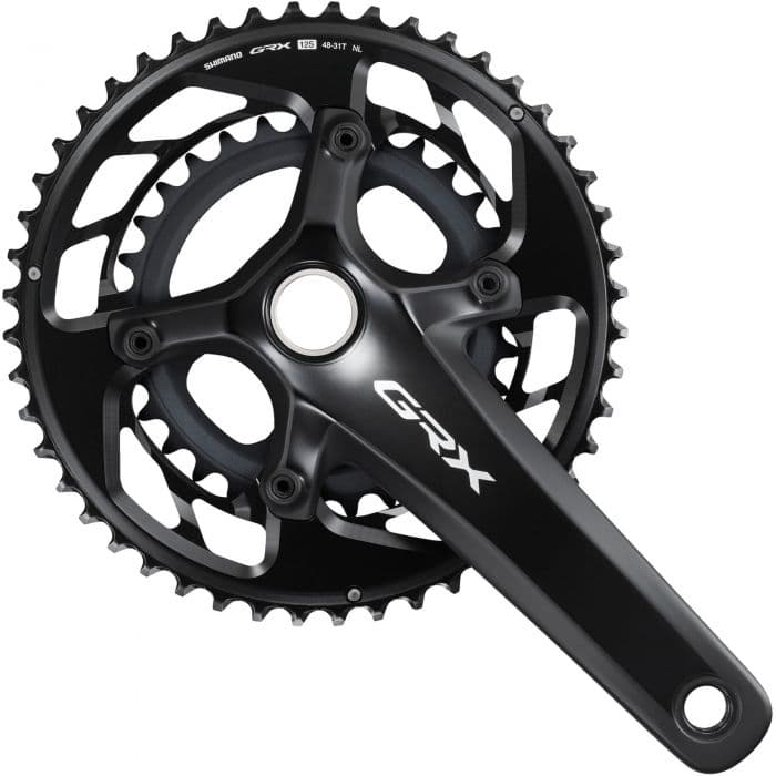 Shimano FC-RX820 GRX double chainset features a sleek black aluminum design with a 170mm crank arm length and 12-speed compatibility, showcasing the GRX logo prominently.