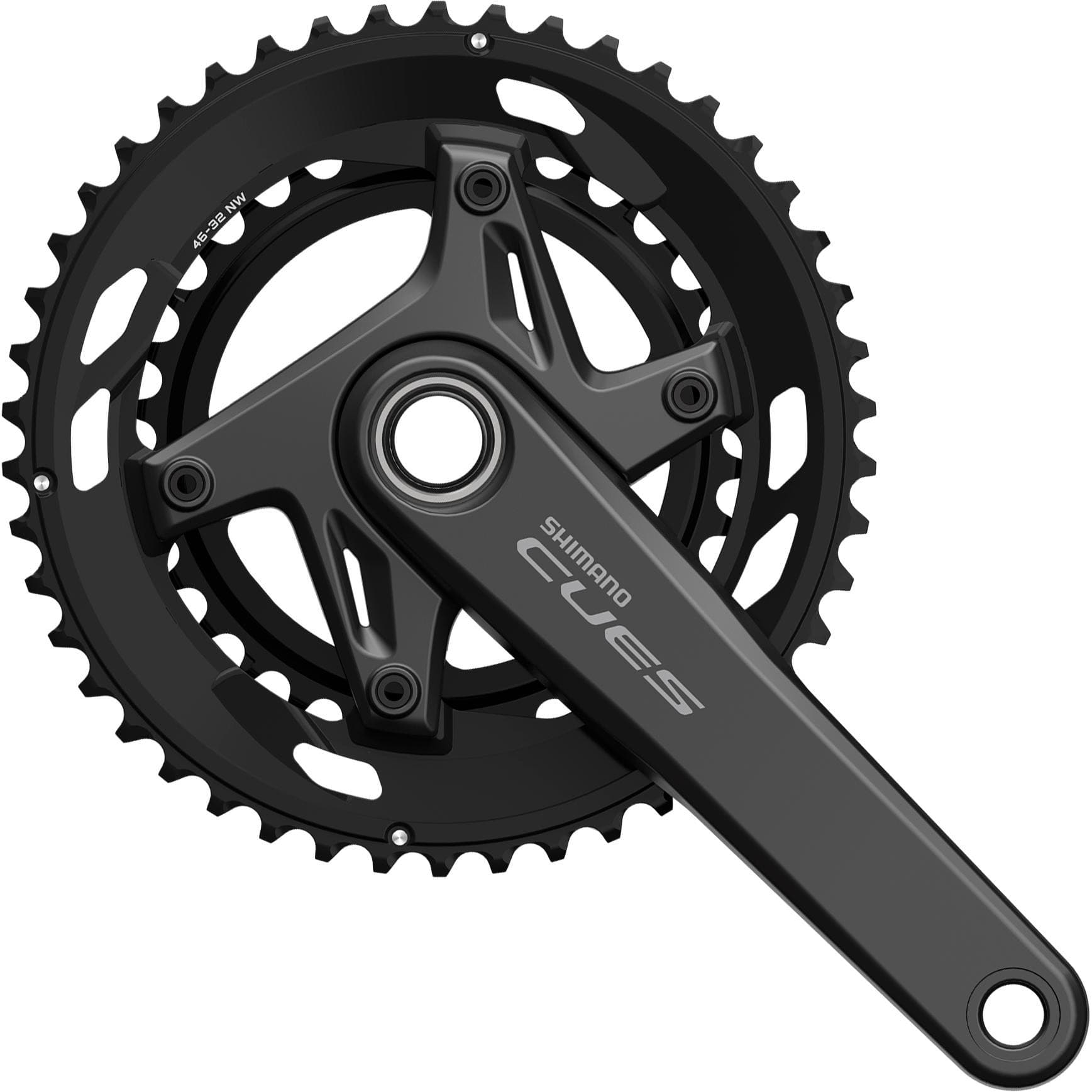 Black Shimano CUES 2-piece double chainset featuring a 175mm crank arm, designed for 9/10/11-speed systems, with a sleek, modern design and prominent Shimano branding.