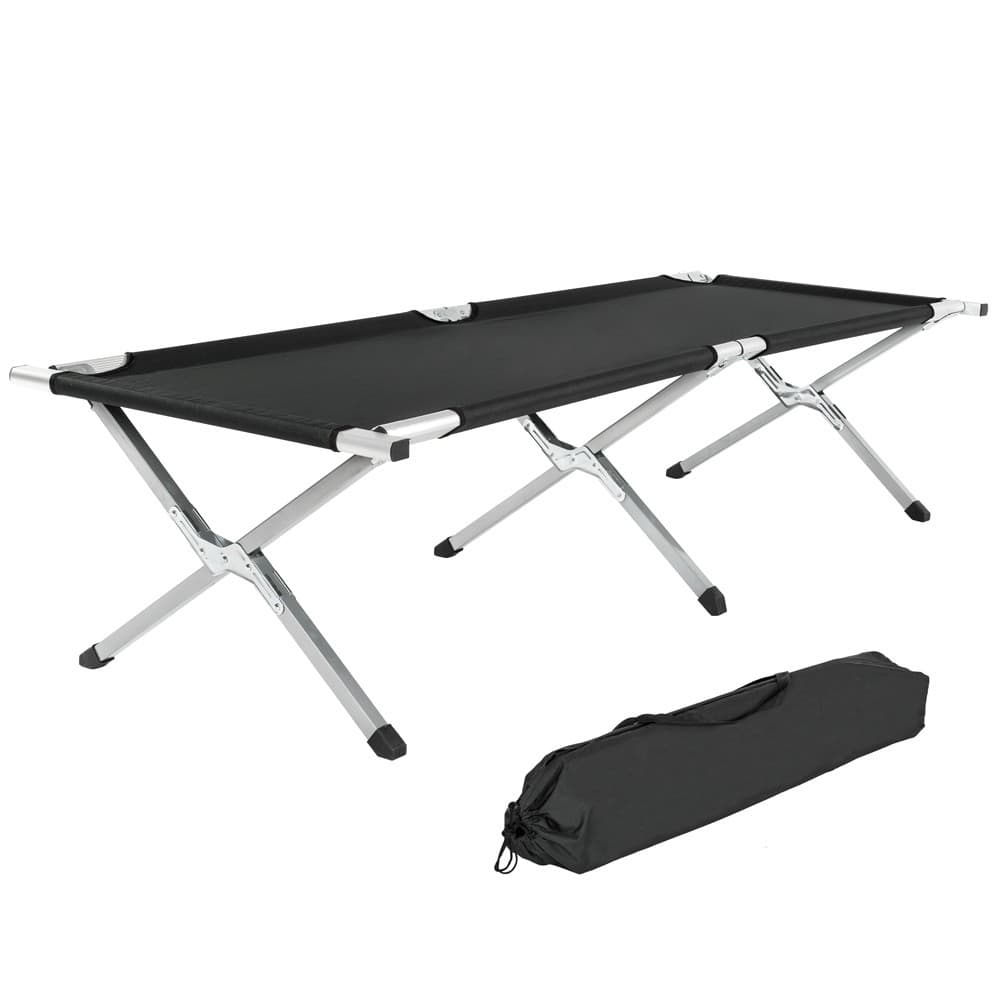 Four black aluminum camping beds with a sturdy frame and a fabric sleeping surface, accompanied by a black carrying bag for easy transport.